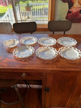 Vintage White Milk Glass Lace Edge Dessert Plates and Small Bowl